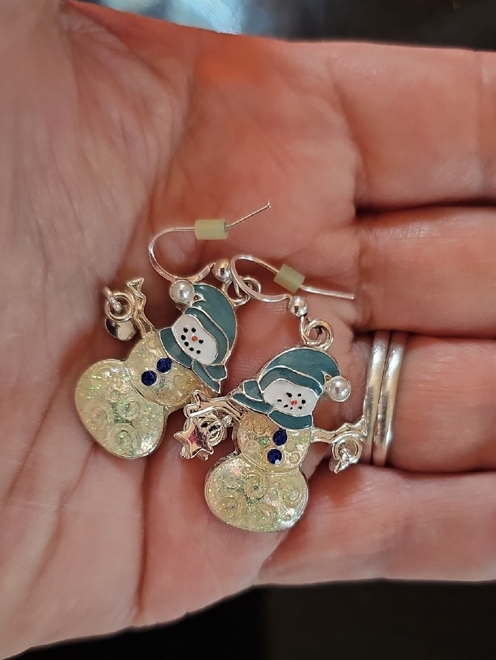 Festive Snowman Dangle Earrings in Teal and Iridescent White